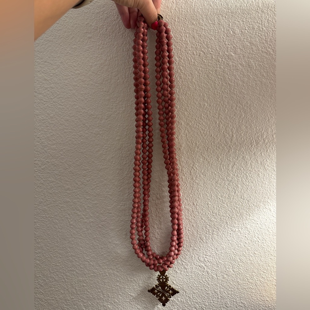 AKOLA Four Strand Long Dark Pink Beaded Necklace with Pendant